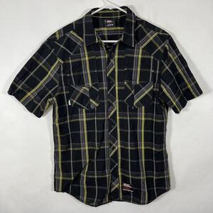 Vintage Y2K No Fear Short Sleeve Button Up Shirt Mens Medium Black Yellow Plaid